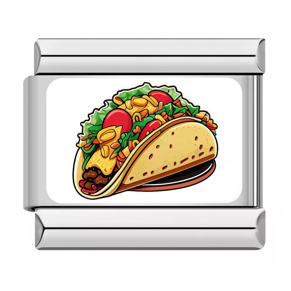 Ce charm italien représente un taco débordant de saveurs : tortilla dorée pliée garnie de bœuf haché, laitue verte croquante, tomates rouges juteuses, fromage fondu et maïs éclatant pour un festin mexicain kawaii ultra-appétissant. Parfait pour les foodies et fans de street food qui veulent pimenter leur bracelet à charms italien d'une touche épicée et joyeuse.