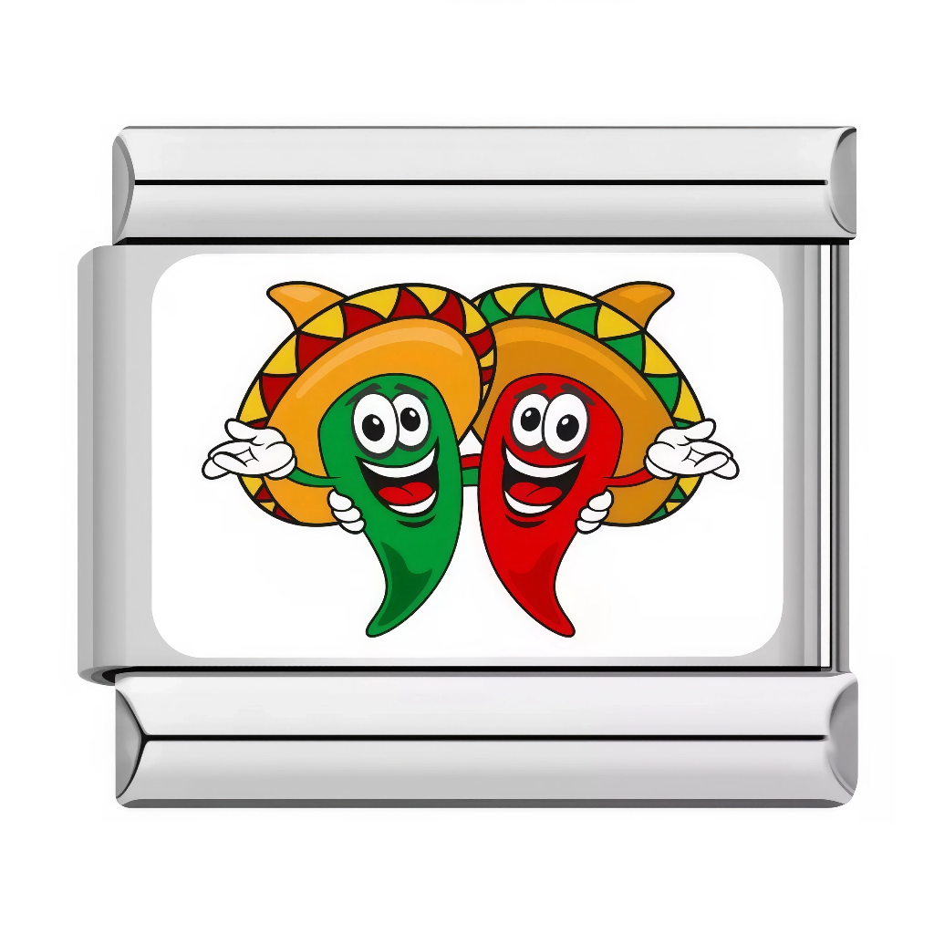 Ce charm italien met en scène deux piments espiègles, vert et rouge, coiffés de sombreros mexicains multicolores à motifs triangles, souriants et dansant bras dessus bras dessous pour une fiesta épicée et festive. Parfait pour les amateurs de cuisine mexicaine et d'humour piquant qui veulent ajouter du peps et de la bonne humeur à leur bracelet à charms italien.
