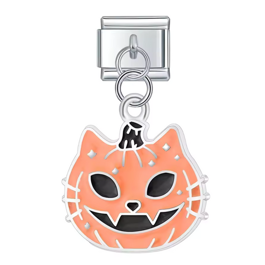 Italienischer Charm-Anhänger Silber – Orange und Schwarze Kürbiskatze