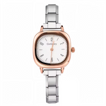 Cette montre carrée pour femme en acier inoxydable cuivré allie style vintage et modernité. Son cadran cuivré avec affichage des heures 2, 4, 6, 8, 10 et 12 offre une lecture élégante et symétrique de l’heure. Le bracelet est compatible avec tous les charms italiens de notre collection, pour un look personnalisable à l’infini.