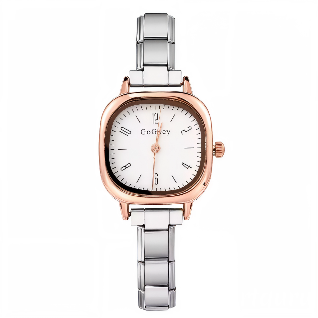 Cette montre carrée pour femme en acier inoxydable cuivré allie style vintage et modernité. Son cadran cuivré avec affichage des heures 2, 4, 6, 8, 10 et 12 offre une lecture élégante et symétrique de l’heure. Le bracelet est compatible avec tous les charms italiens de notre collection, pour un look personnalisable à l’infini.