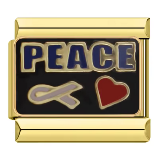 Silver or Gold Italian Charm – "Peace", Ribbon and Heart