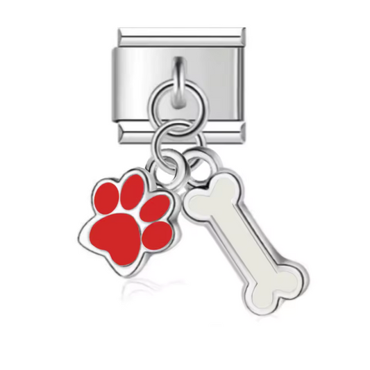 Italian Charm - Silver Bone and Dog Paw Pendant (Red, Black, Blue or Pink)