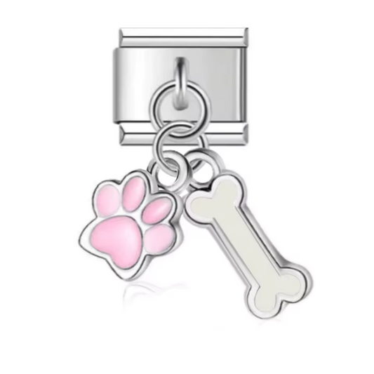 Italian Charm - Silver Bone and Dog Paw Pendant (Red, Black, Blue or Pink)
