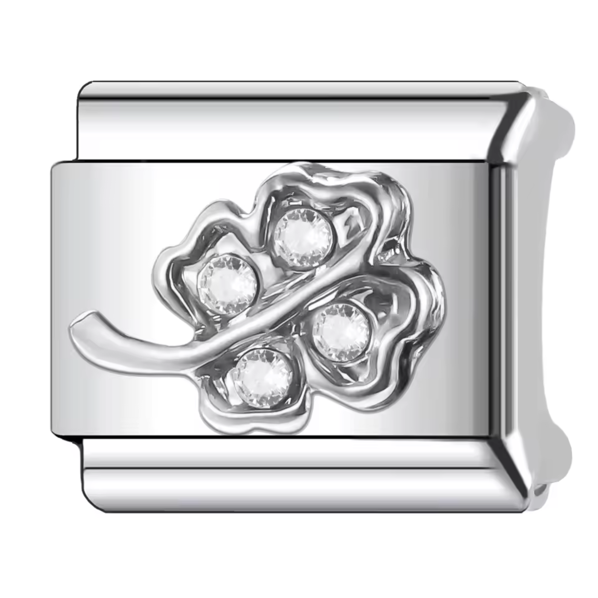 Ce charm italien argenté, en forme de trèfle à 4 feuilles, est orné d’une pierre brillante délicatement incrustée dans chaque feuille. Fabriqué en acier inoxydable de haute qualité avec une finition argentée élégante, il allie robustesse et raffinement. Facile à fixer, il s’adapte parfaitement à nos bracelets composés de 17 maillons de charms, qui s’étendent et se contractent pour un ajustement idéal à votre poignet. Tous nos charms italiens sont compatibles entre eux, vous permettant de personnaliser votre