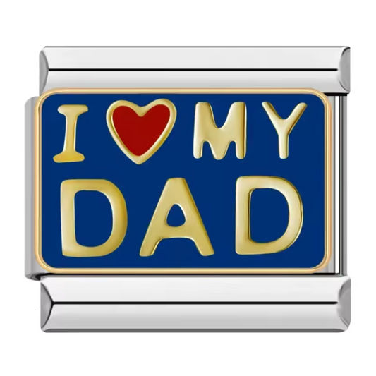 Charm Italien - Argenté avec Inscription "I ❤️ MY DAD" Dorée sur Fond Bleu