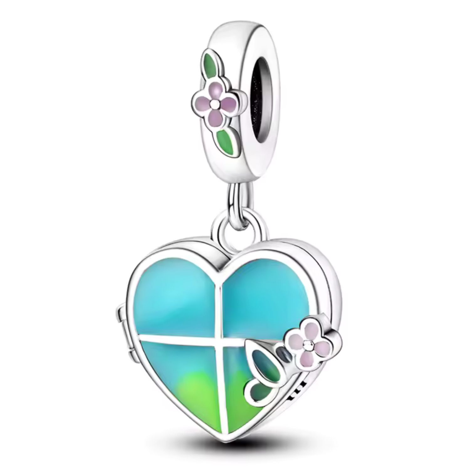 Charm Pendentif Cœur Bleu-Vert avec Fleur