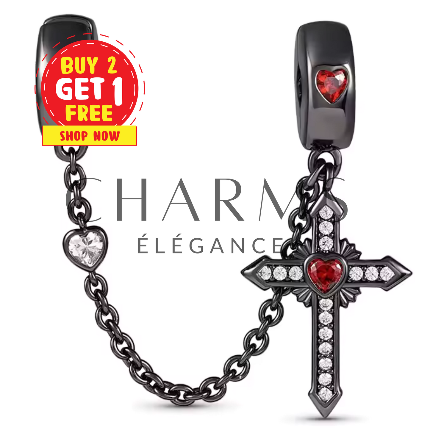 Charm Chaîne Courte Noire avec Croix & Cœurs Rouges – Élégance et Passion Divine