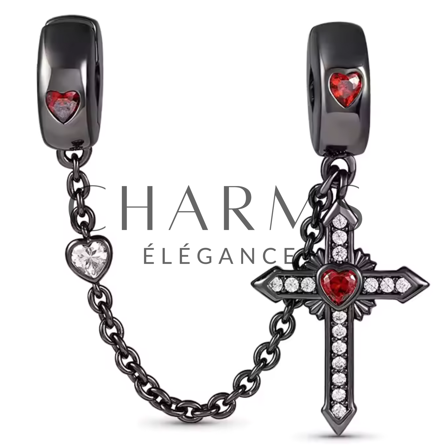 Charm Chaîne Courte Noire avec Croix & Cœurs Rouges – Élégance et Passion Divine