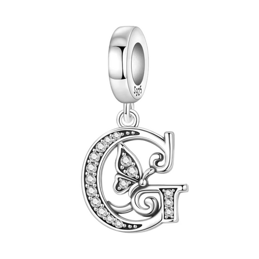 Charm-Anhänger - Buchstabe "G" Silber mit Strasssteinen und Schmetterling