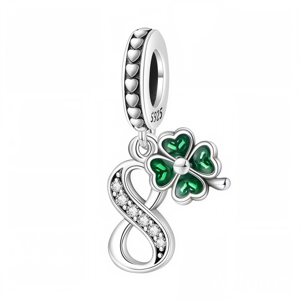 Charm Pendant - Silver Number "8" with Green 4 Leaf Clover