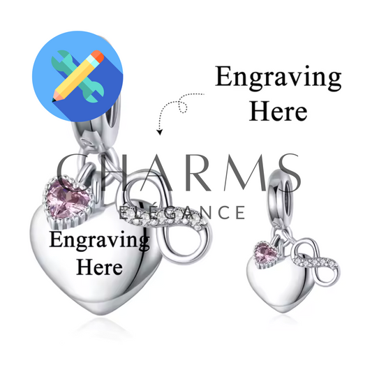 Personalisierter Herz-Charm mit Gravur – Rosa Herz und Unendlichkeitssymbol