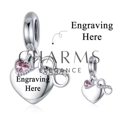 Personalisierter Herz-Charm mit Gravur – Rosa Herz und Unendlichkeitssymbol