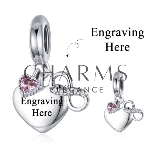 Personalisierter Herz-Charm mit Gravur – Rosa Herz und Unendlichkeitssymbol