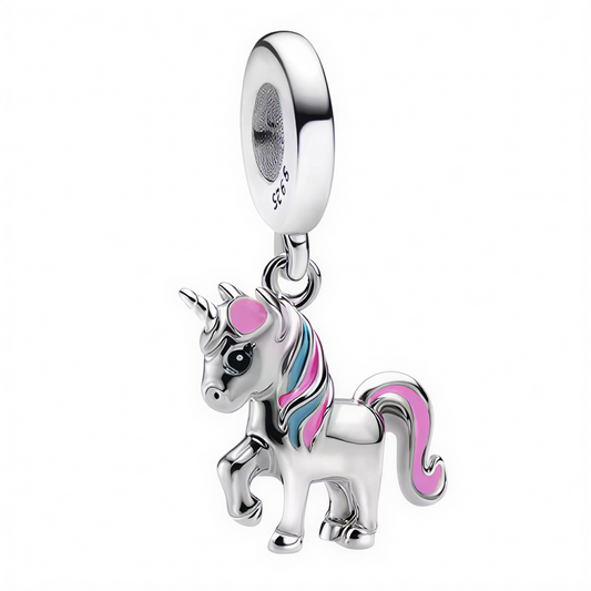 Charm-Anhänger – Silbernes Einhorn mit rosa Mähne und blauen Details