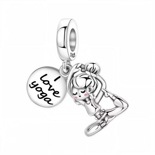 Charm-Anhänger - Person im Yoga mit rundem "I Love YOGA" in Silber