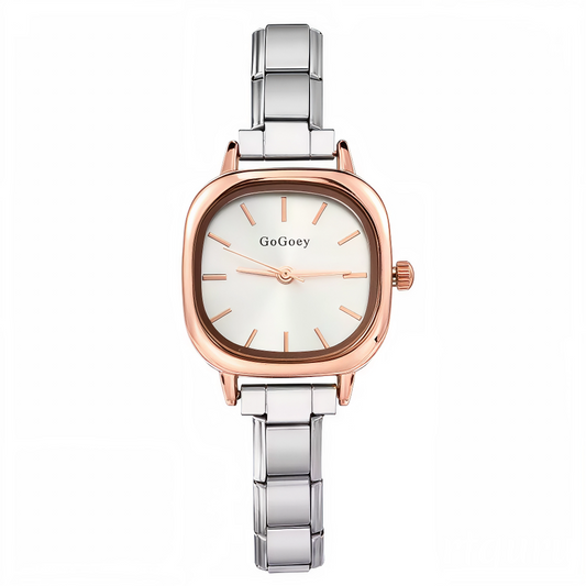 Cette montre femme carrée en acier inoxydable cuivré séduit par son design original et chaleureux. Son cadran cuivré uni de 25 mm met en valeur sa finition soignée, tandis que le bracelet est compatible avec tous les charms italiens de notre catalogue pour une personnalisation unique.