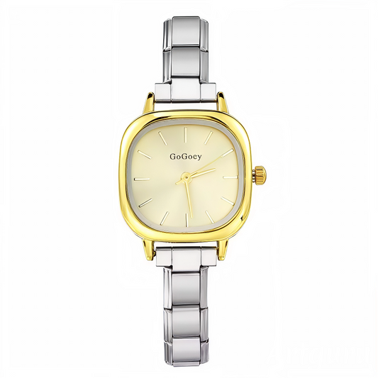 Apportez une touche de sophistication à votre poignet avec cette montre femme carrée en acier inoxydable doré. Son cadran doré au format carré de 25 mm lui confère une allure chic et lumineuse. Son bracelet est compatible avec tous les charms italiens de notre collection, pour une montre personnalisable selon vos envies.