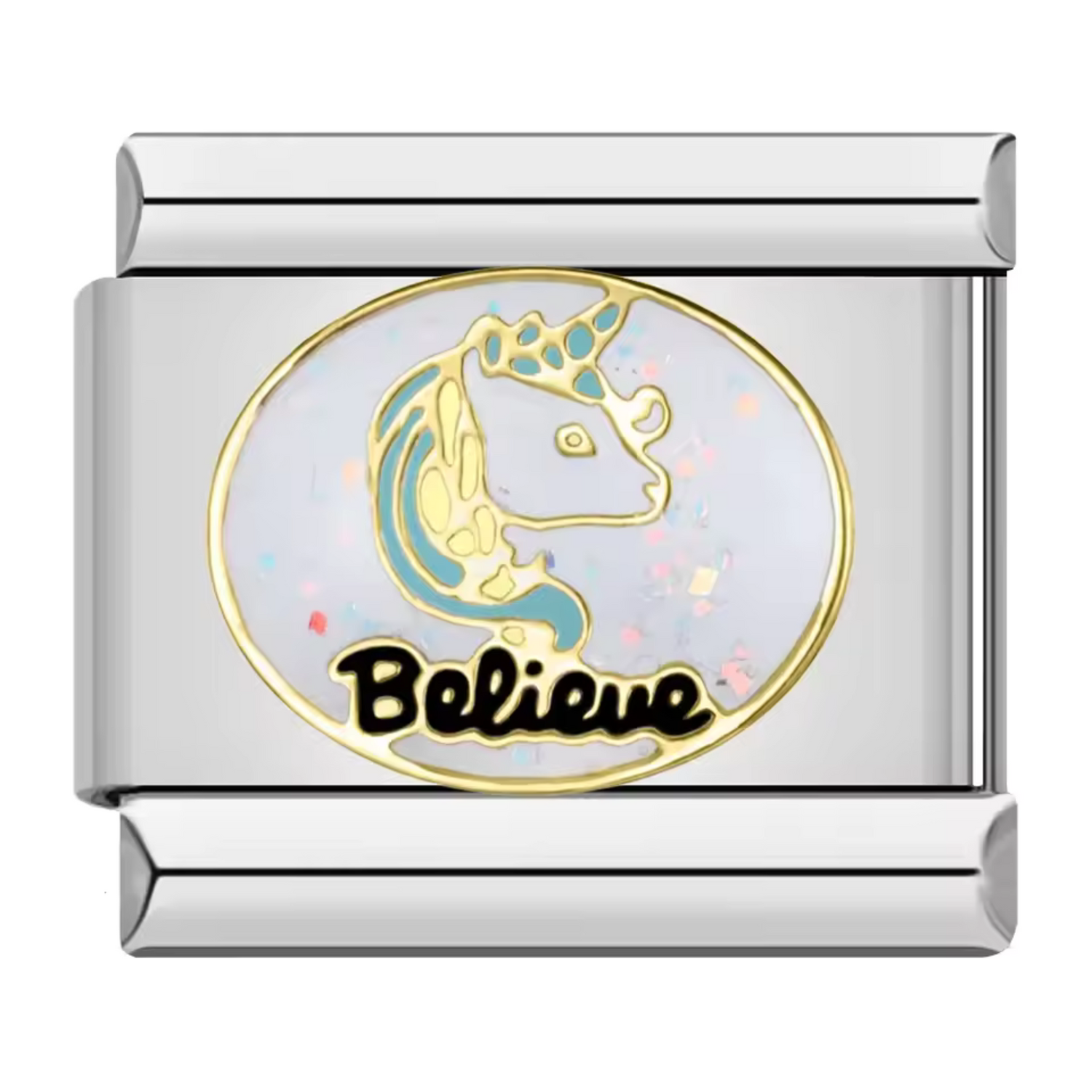 Silberner italienischer Charm – Einhorn „Believe“