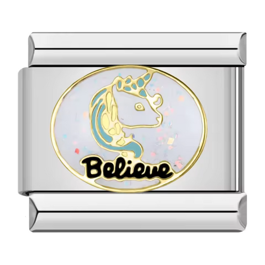 Silver Italian Charm – Unicorn "Believe"