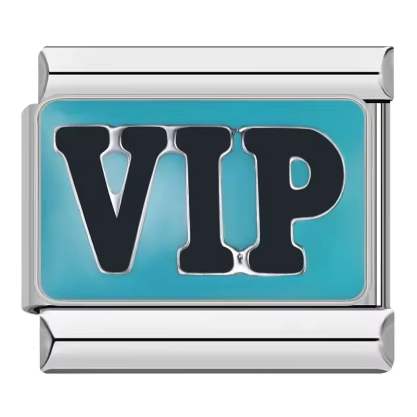Silver Italian Charm – “VIP” on blue background