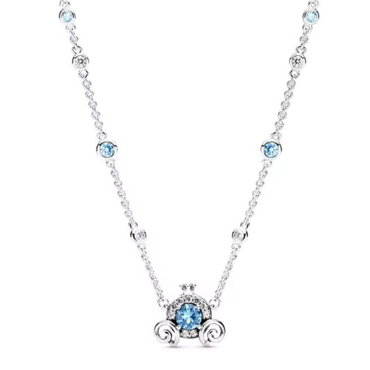 Cinderella Carriage Pendant Necklace – 925 Silver with Blue Rhinestones | Sparkling Magic
