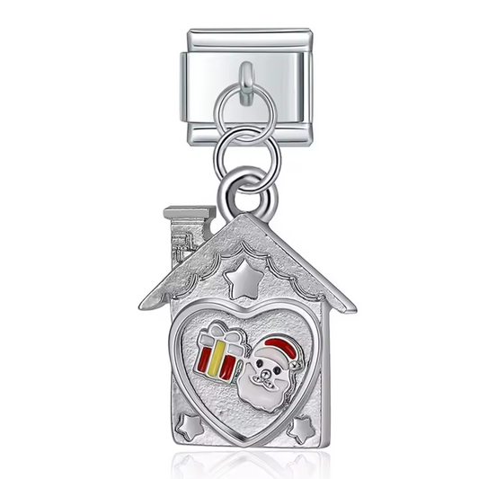 Italienischer Charm-Anhänger – Haus, Geschenk und Weihnachtsmann