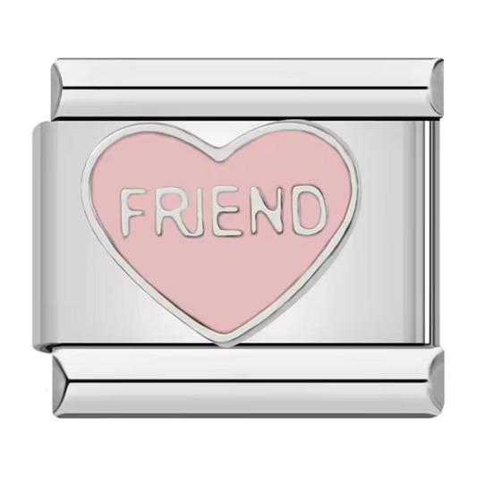 Silver Italian Charm – “Friend” in a Pink Heart