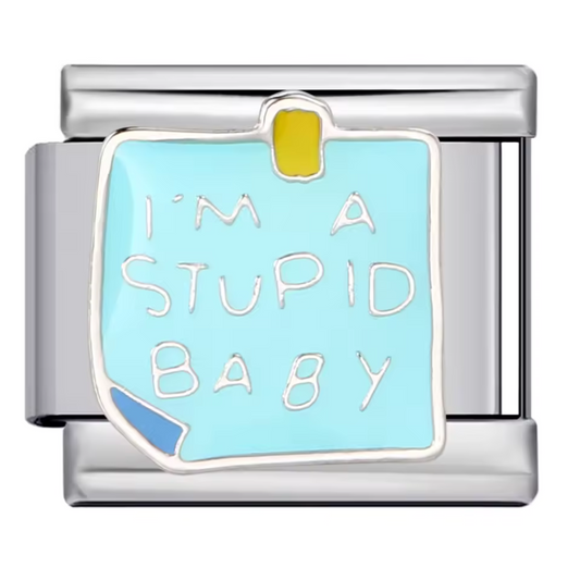 Silver Italian Charm – Blue Post-it "I'm a stupid baby"