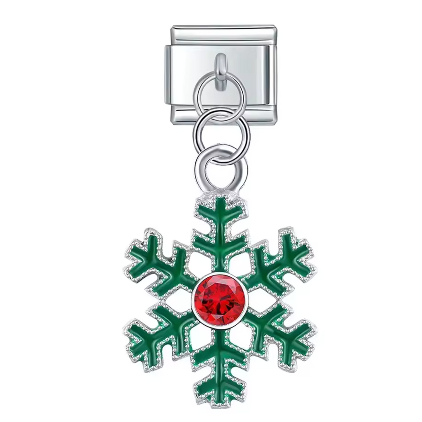Charm Italien Pendentif – Flocon de Neige Vert et Rouge Argenté