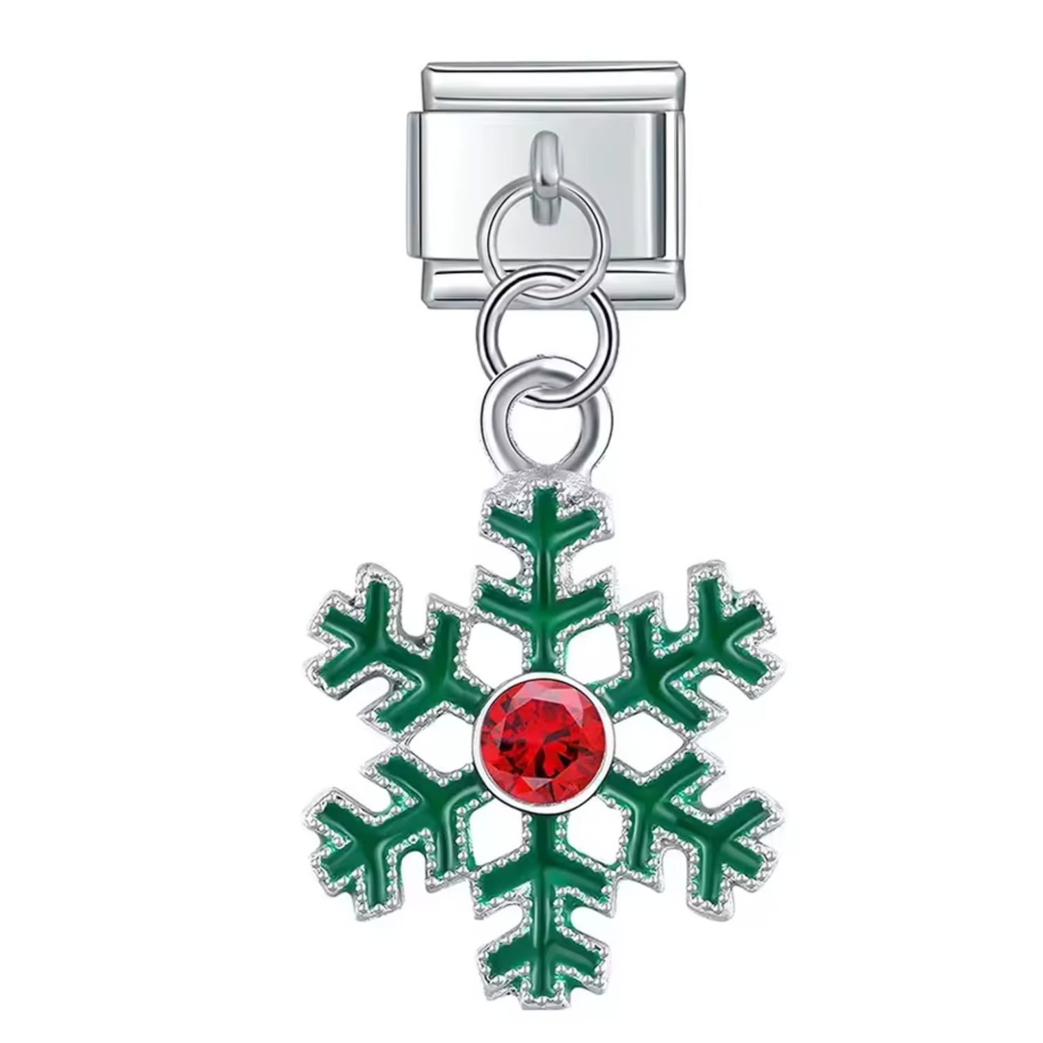 Italienischer Charm-Anhänger – Grüne und Rote Schneeflocke, Silber