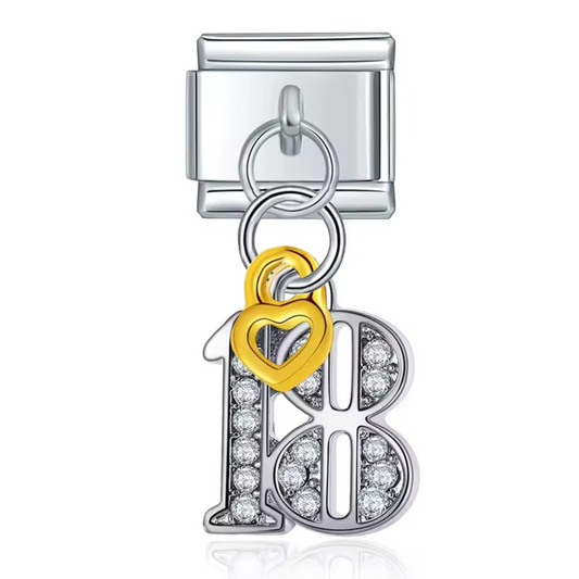 Silver Italian Charm Pendant – Number 18 with Small Gold Heart