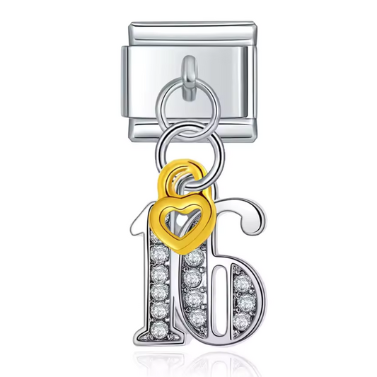 Silver Italian Charm Pendant – Number 16 with Small Gold Heart
