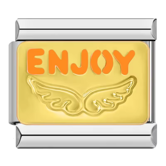Silver and Gold Italian Charm – “Enjoy” with Angel Wings