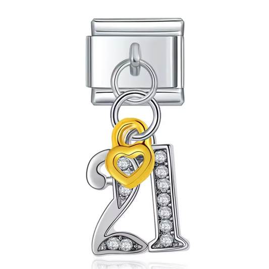 Silver Italian Charm Pendant – Number 21 with Small Gold Heart