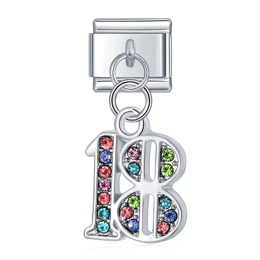 Silver Italian Charm Pendant – Number 18 with Multicolored Rhinestones