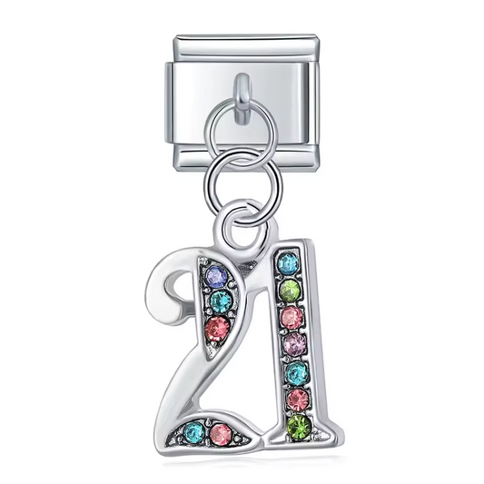 Silver Italian Charm Pendant – Number 21 with Multicolored Rhinestones
