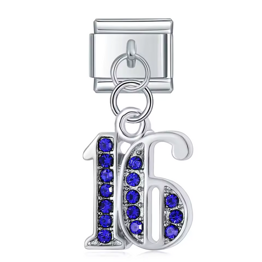 Silver Italian Charm Pendant – Number 16 with Blue Rhinestones