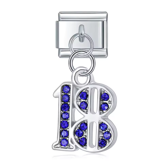 Silver Italian Charm Pendant – Number 18 with Blue Rhinestones