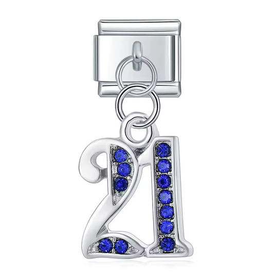 Silver Italian Charm Pendant – Number 21 with Blue Rhinestones