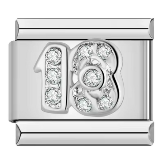 Silver Italian Charm – Number 18 with Rhinestones