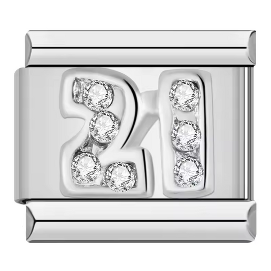 Silver Italian Charm – Number 21 with Rhinestones