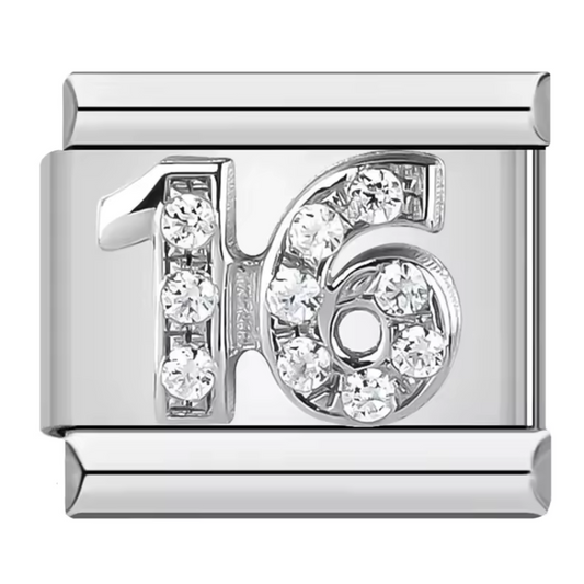 Silver Italian Charm – Number 16 with Rhinestones