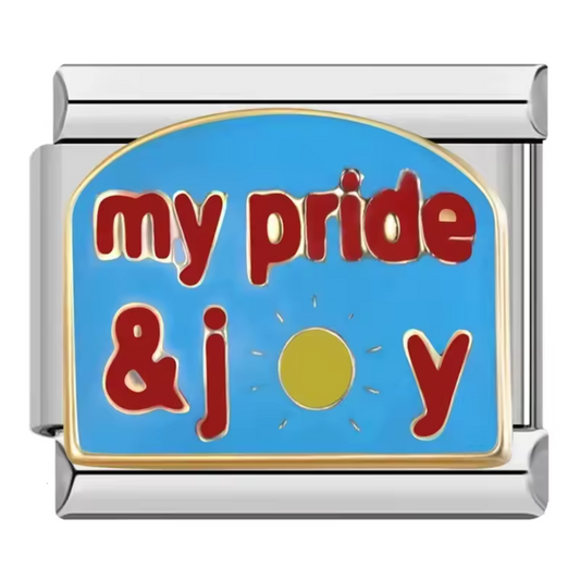 Silver Italian Charm – “My Pride and Joy” on blue background