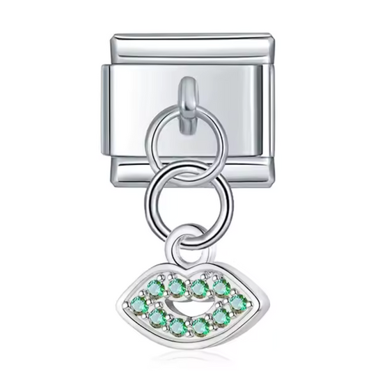 Italian Charm Pendant in Silver, Gold or Rose Gold – Mouth with Green Rhinestones