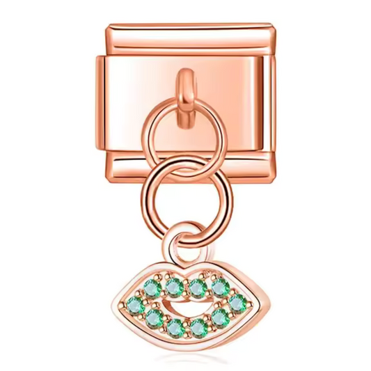 Italian Charm Pendant in Silver, Gold or Rose Gold – Mouth with Green Rhinestones