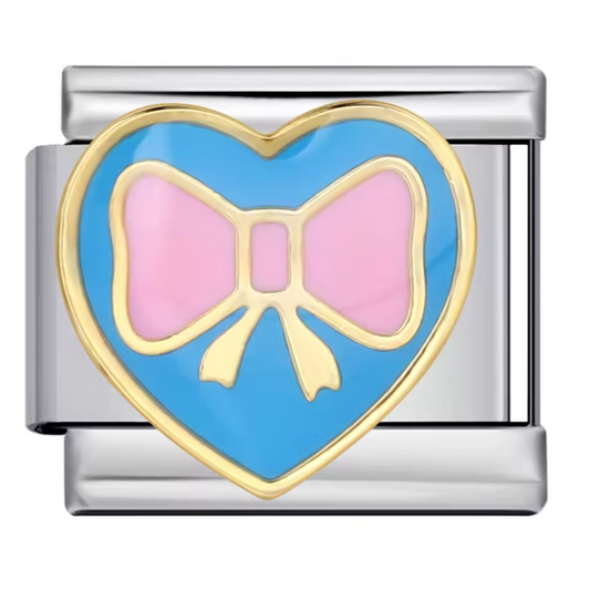 Italienischer Charm – Silberblaues Herz mit rosa Schleife