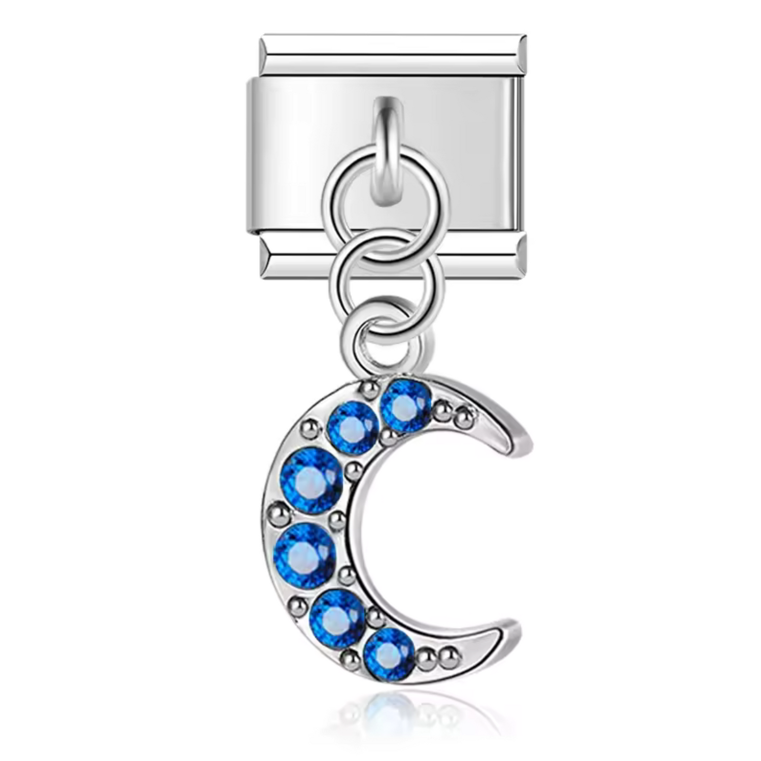 Italian Charm – Silver Moon Pendant with Blue Rhinestones