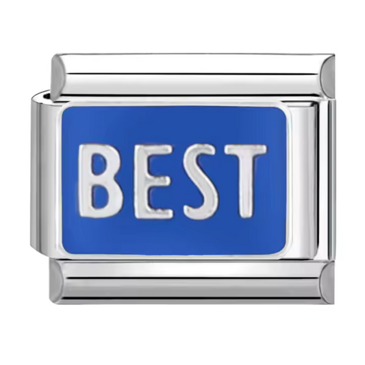 Silver Italian Charm – “Best” on blue background