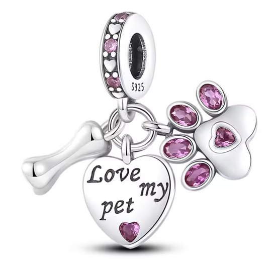 "Love My Pet" Knochen mit Pfote und Herzanhänger